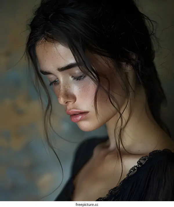 Portrait of a young woman with freckles and dark hair