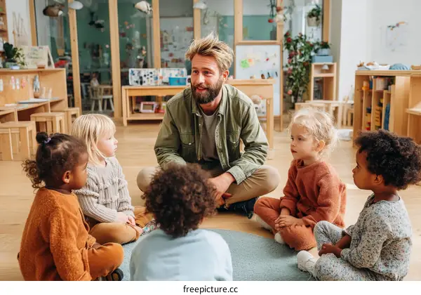 Preschool Class Circle Time with Teacher and Children