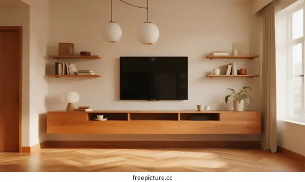 Modern Living Room with Wooden TV Stand and Floating Shelves