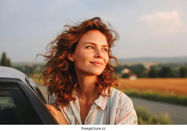 Woman enjoying the sunset view by car