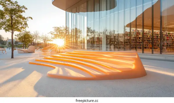 Modern Library Outdoor Seating Area at Sunrise