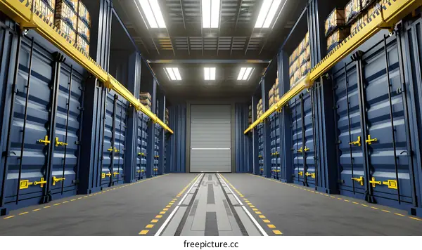 Shipping Container Warehouse Interior With Stacked Cargo Boxes