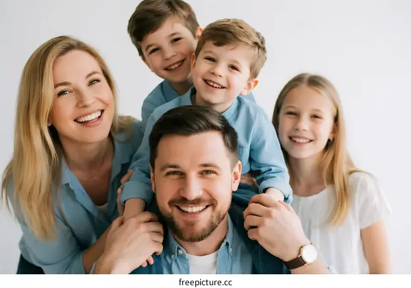 Happy family portrait with parents and children smiling together