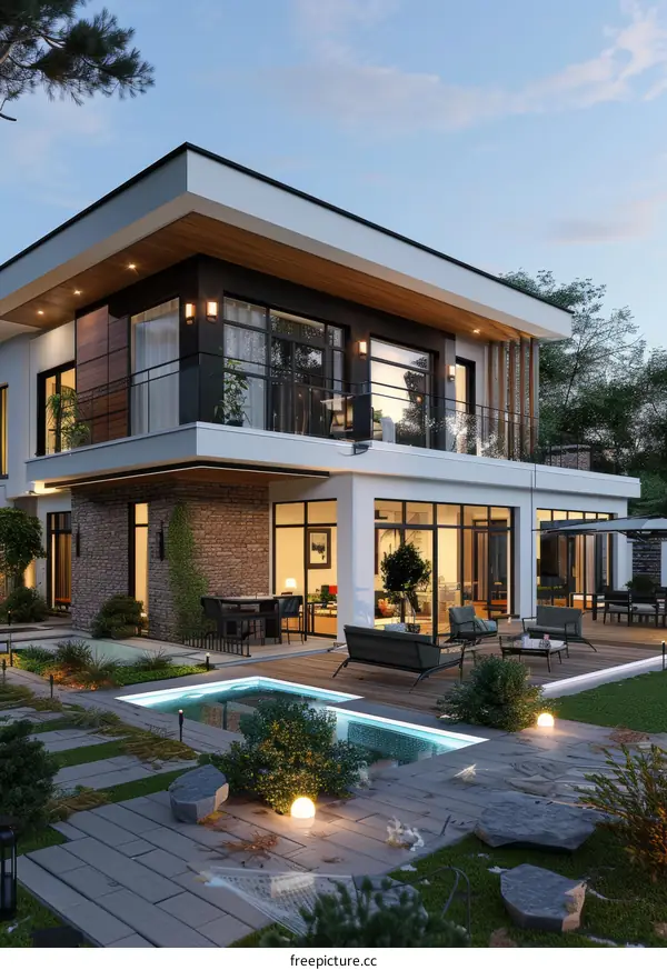 Modern House Exterior with Backyard Pool Area Illustration