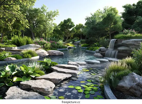 Garden Landscape Design Rendering with Courtyards and Traditional Elements