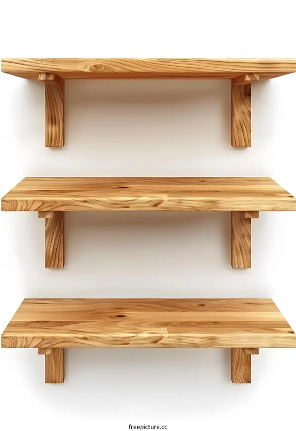 Three Wooden Shelves Against a White Wall