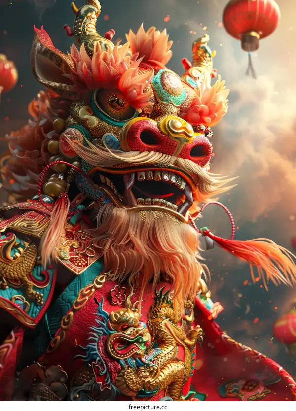 A Chinese dragon in a red and gold costume performs a traditional dance.
