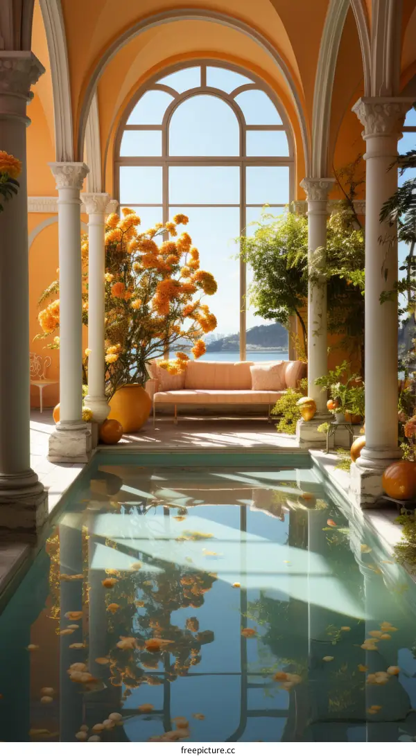 Elegant yellow flower arrangement in front of large window