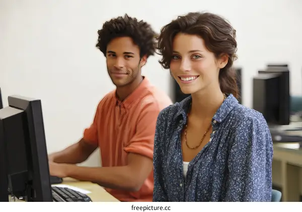 Two Students Smiling at the Camera in a Computer Lab