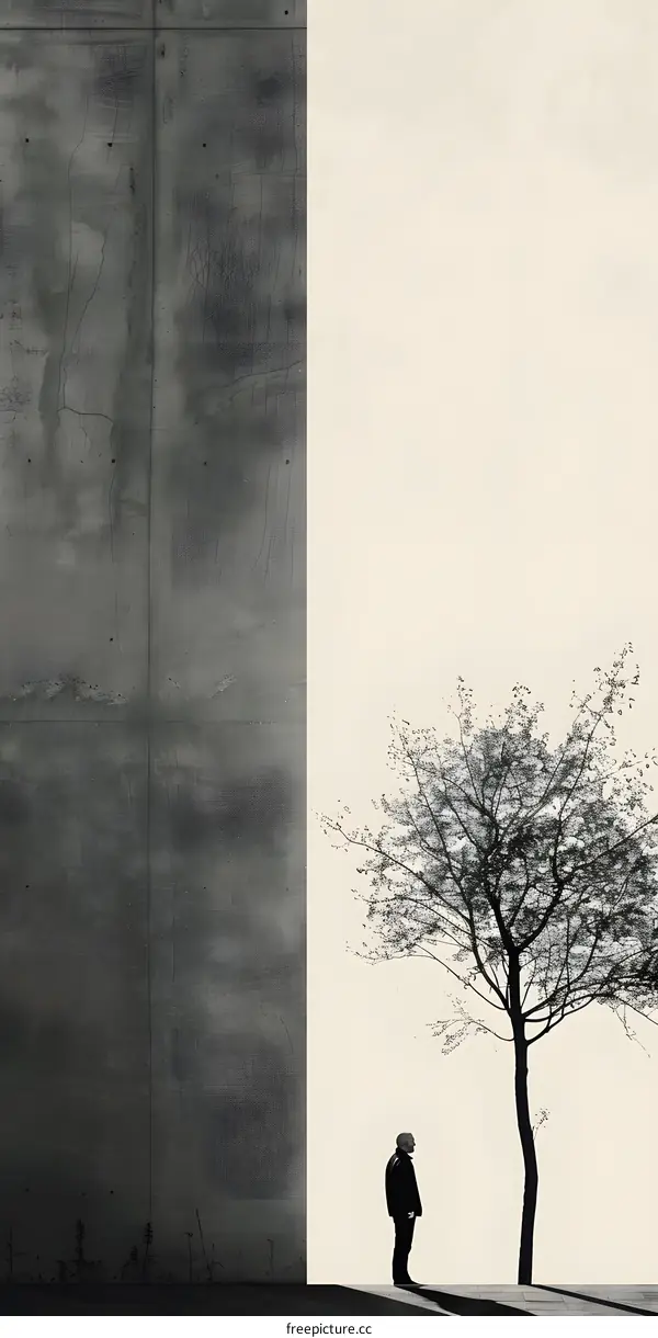 Man Standing Next to a Tree and Concrete Wall