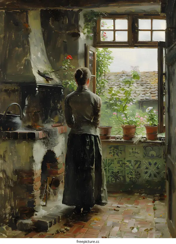 A woman standing in a kitchen looking out the window