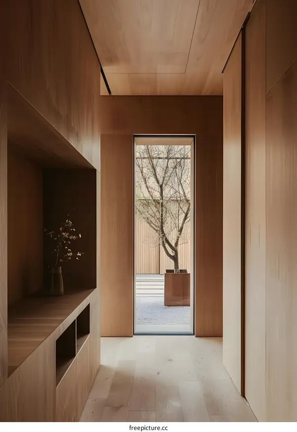 Minimalist Wooden Hallway with View of Outdoor Garden