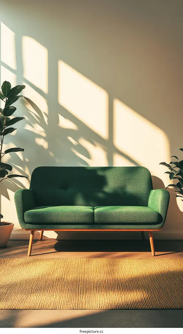 Green Sofa in a Sunny Room Interior Design
