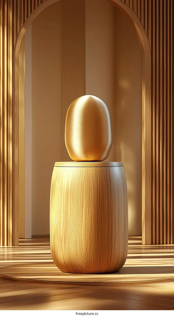 Modern Wooden Display Stand with Golden Orb