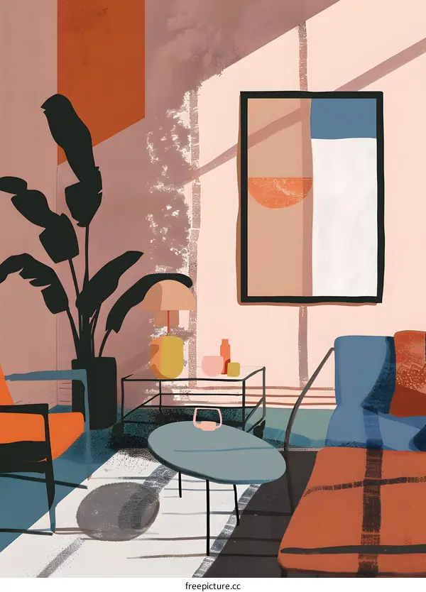 Abstract Minimalist Living Room Illustration with Orange, Blue and Brown Colors