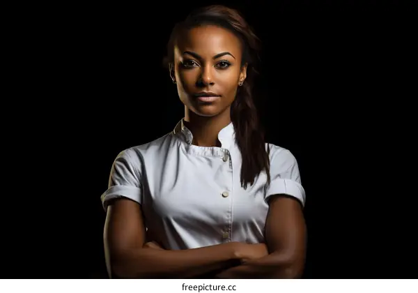 Portrait of a confident young female chef in a white uniform