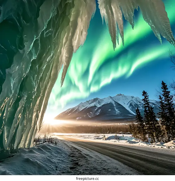 Aurora Borealis Display Seen Through Ice Cave