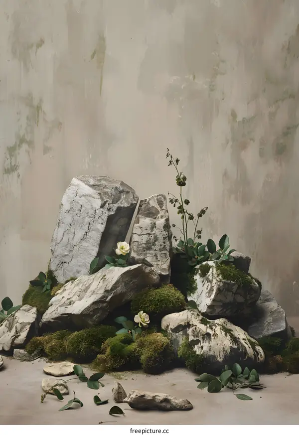 White Flowers and Stones on a Brown Background