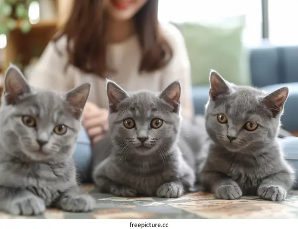 Three cute British Shorthair cats sitting on the floor