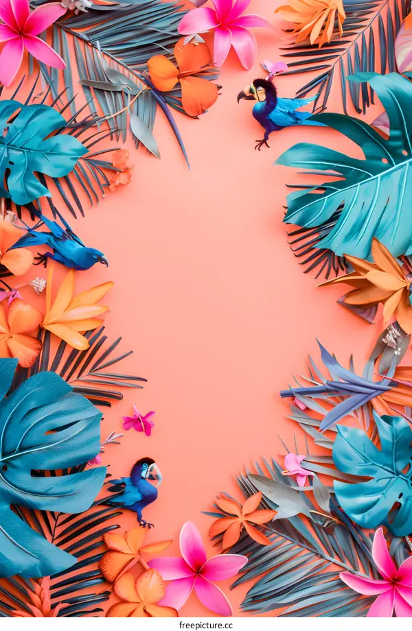 Tropical Summer Background with Parrot and Flowers
