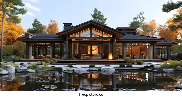 Modern Wooden House with Pond and Autumn Trees