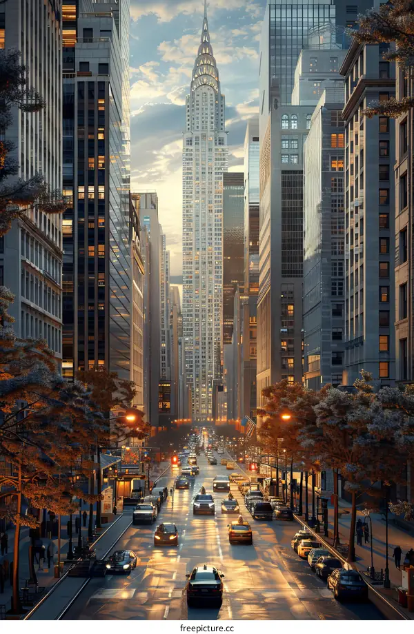 City Street with Yellow Taxi Cab and Chrysler Building in Background