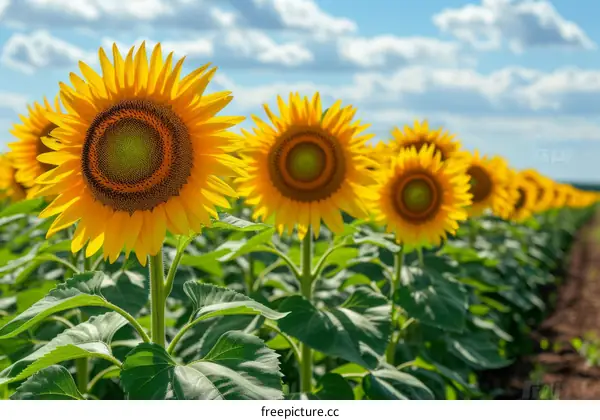 Field of sunflowers with blue sky and clouds in the background