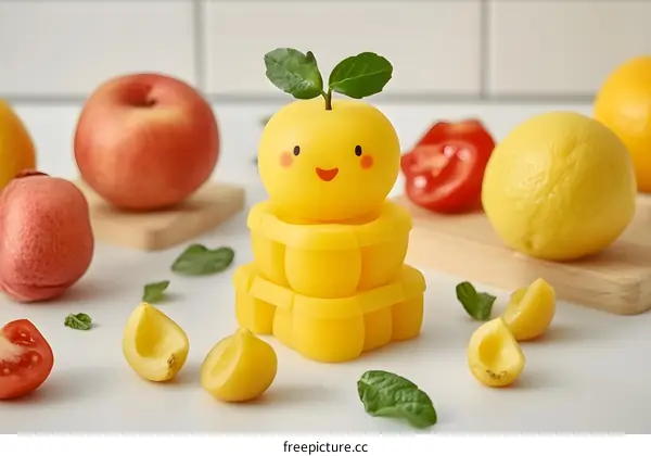 Cute Yellow Fruit Character with Smiling Face and Green Leaves