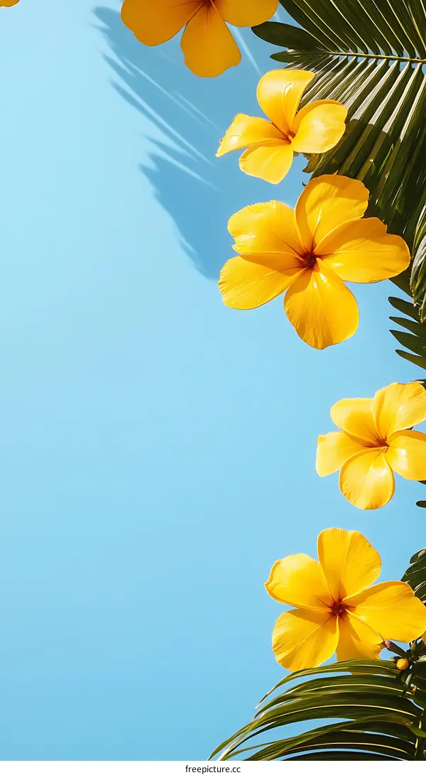 Yellow Flowers with Palm Leaves Against a Blue Sky