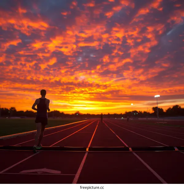 A runner is running on a track at sunset.