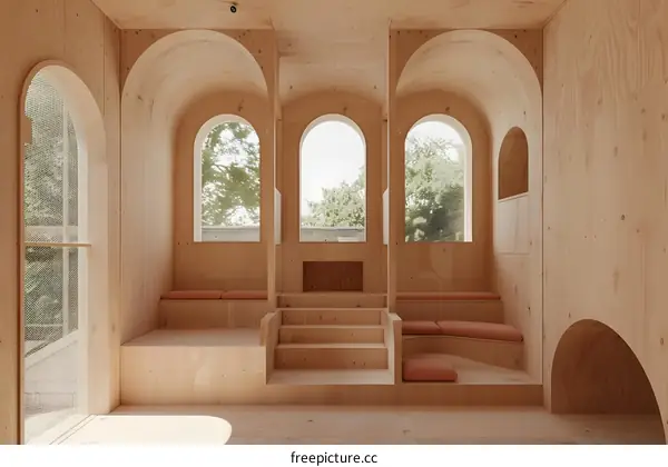 Modern Wooden Room with Arched Windows and Built in Benches