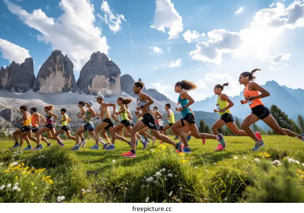 A group of runners are running in a field with mountains in the background
