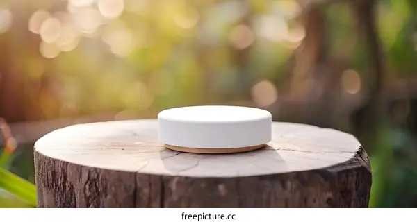 White Round Wooden Platform on Tree Stump With Blurred Background
