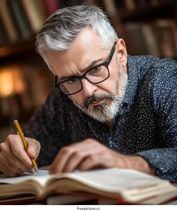 Senior Man Writing in a Book with Pen in His Hand