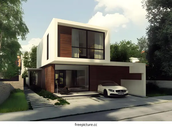 Modern House with Wooden Facade and White Car in Front