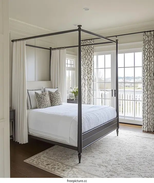 Modern Canopy Bed In A Spacious Bedroom With Windows And A Rug