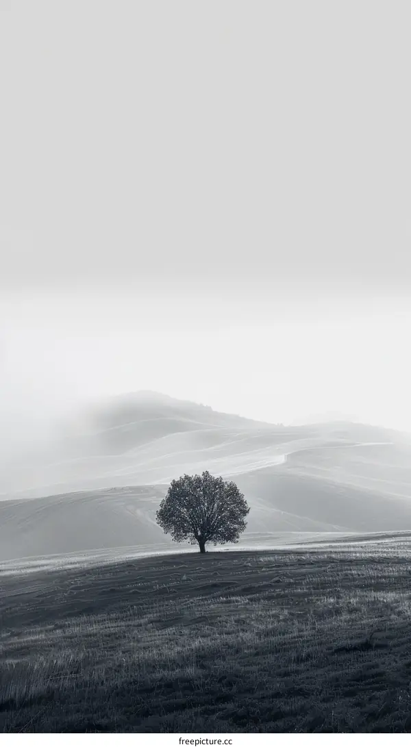 Solitude on the Hill: A Black and White Tree Silhouette