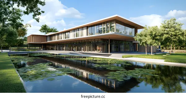 Modern Architecture with Pond and Green Trees