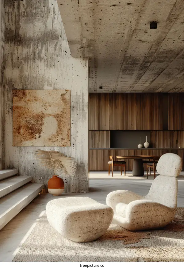 Modern Minimalist Home Interior with Concrete Walls and Wood Furnishings