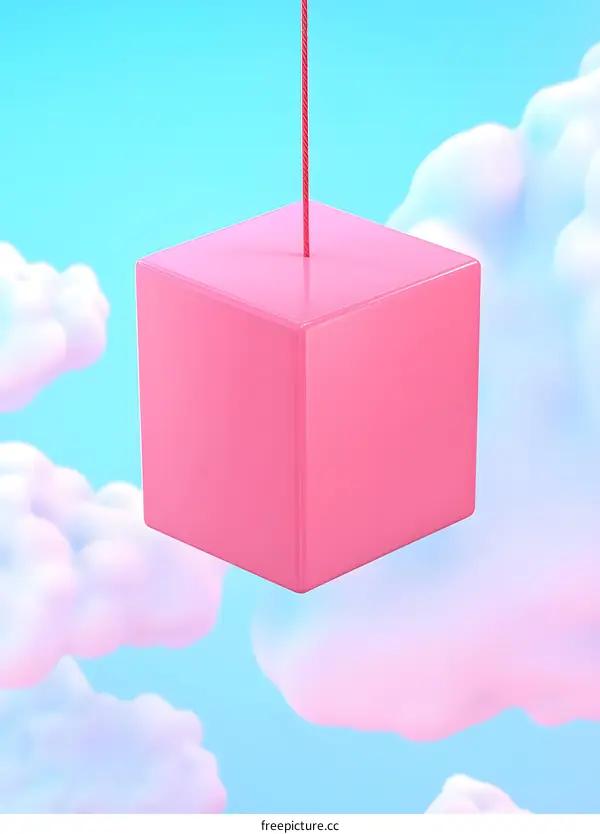 Pink Cube Hanging in The Sky With Clouds