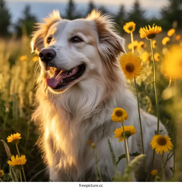A fluffy white and brown dog sits in a field of yellow flowers