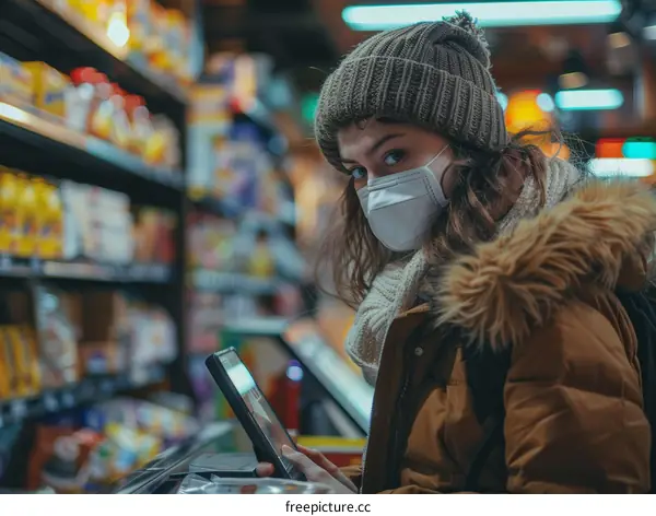 Young woman wearing a mask shopping in a grocery store