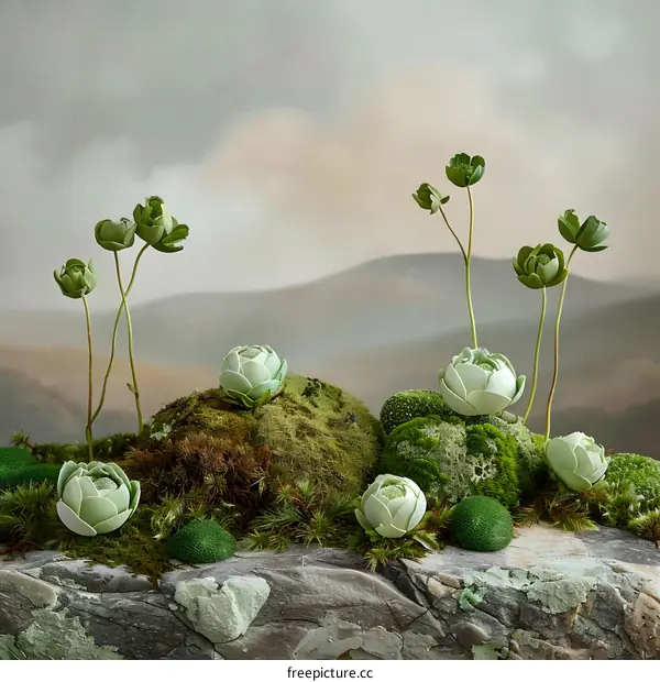 Green Succulents And Moss On Rocks With Mountain Background