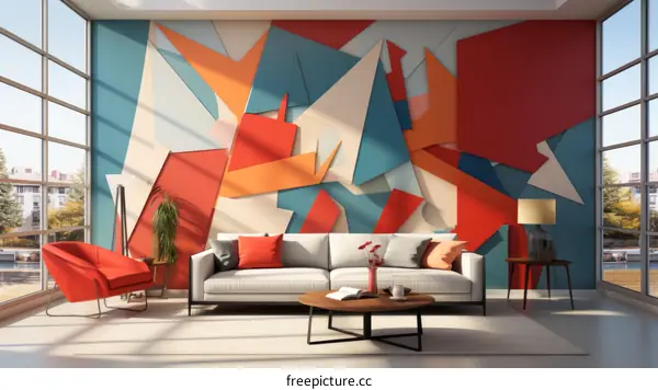 Modern Living Room with Colorful Geometric Wall