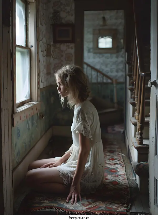 Woman in White Dress Sitting by Window in Old House