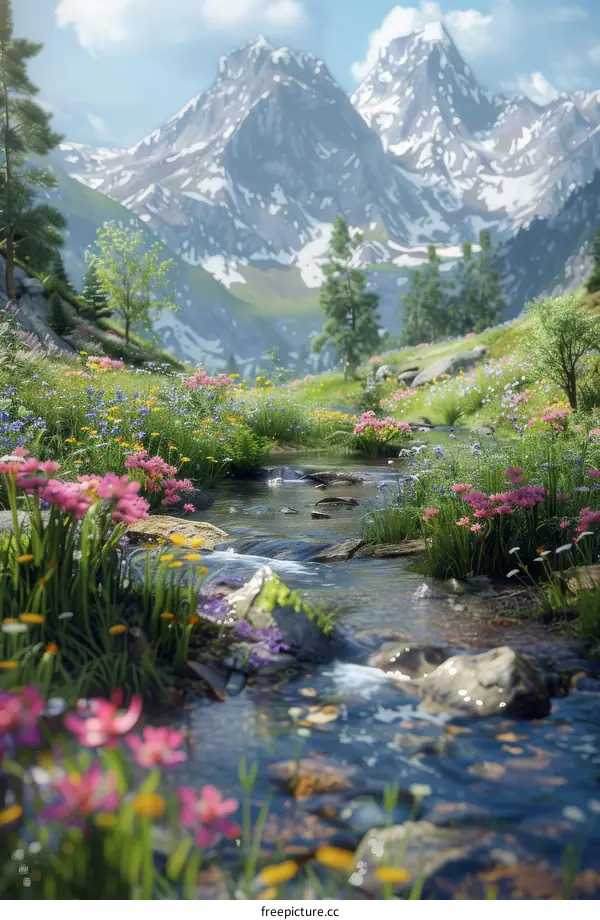 Serene Alpine Meadow with Stream and Wildflowers