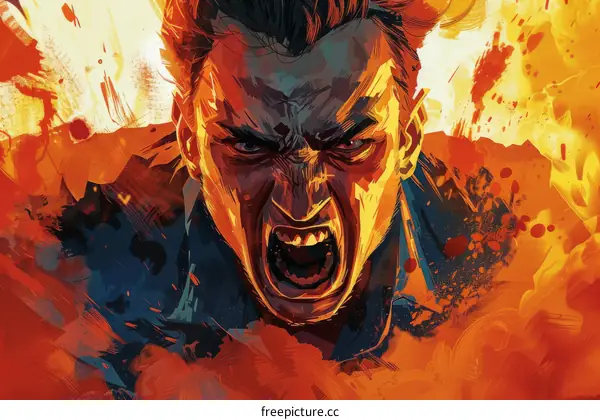 man shouting with fire background