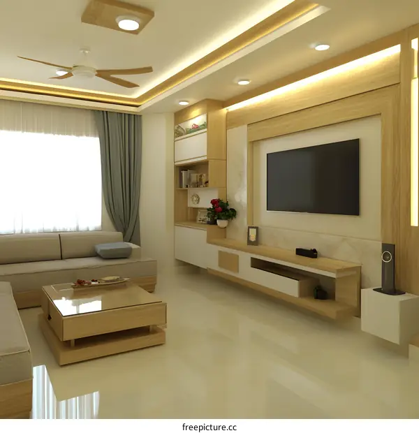 Modern Living Room Interior Design with Wooden Wall Unit and Ceiling Lights