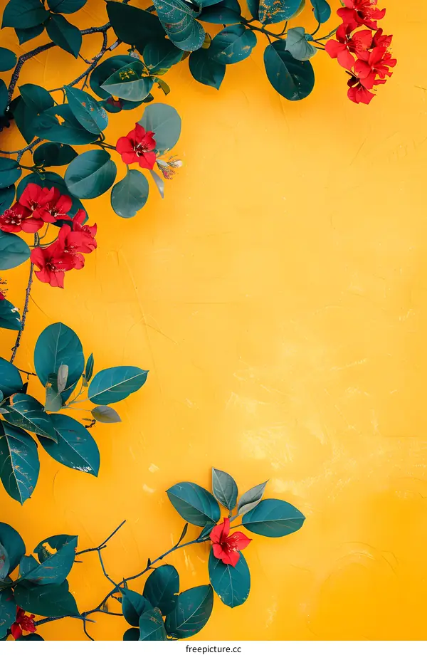 Red Flowers and Green Leaves on a Yellow Background