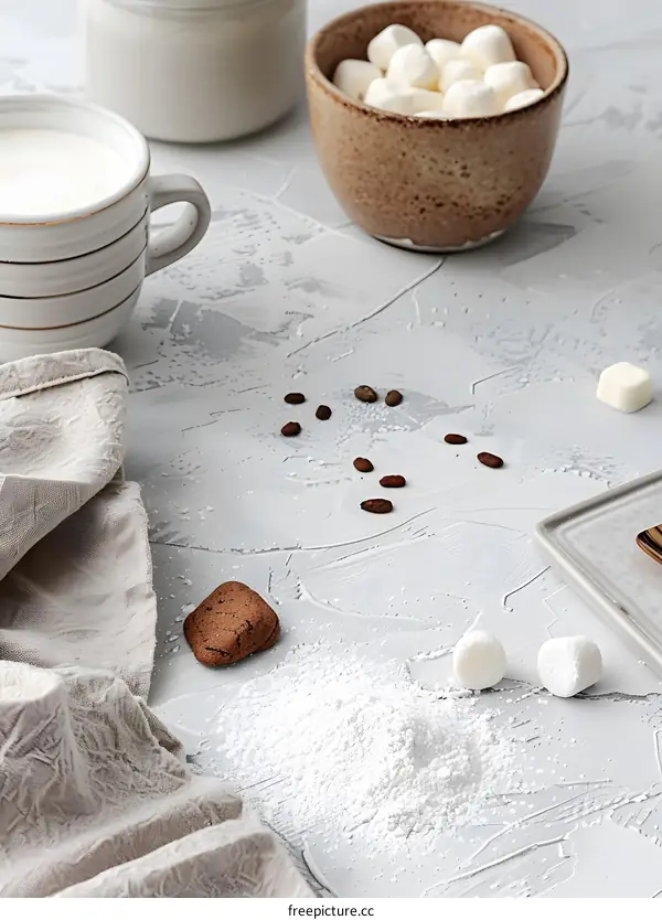 White Powder, Brown Cookie, Marshmallows, and Milk in a Cup